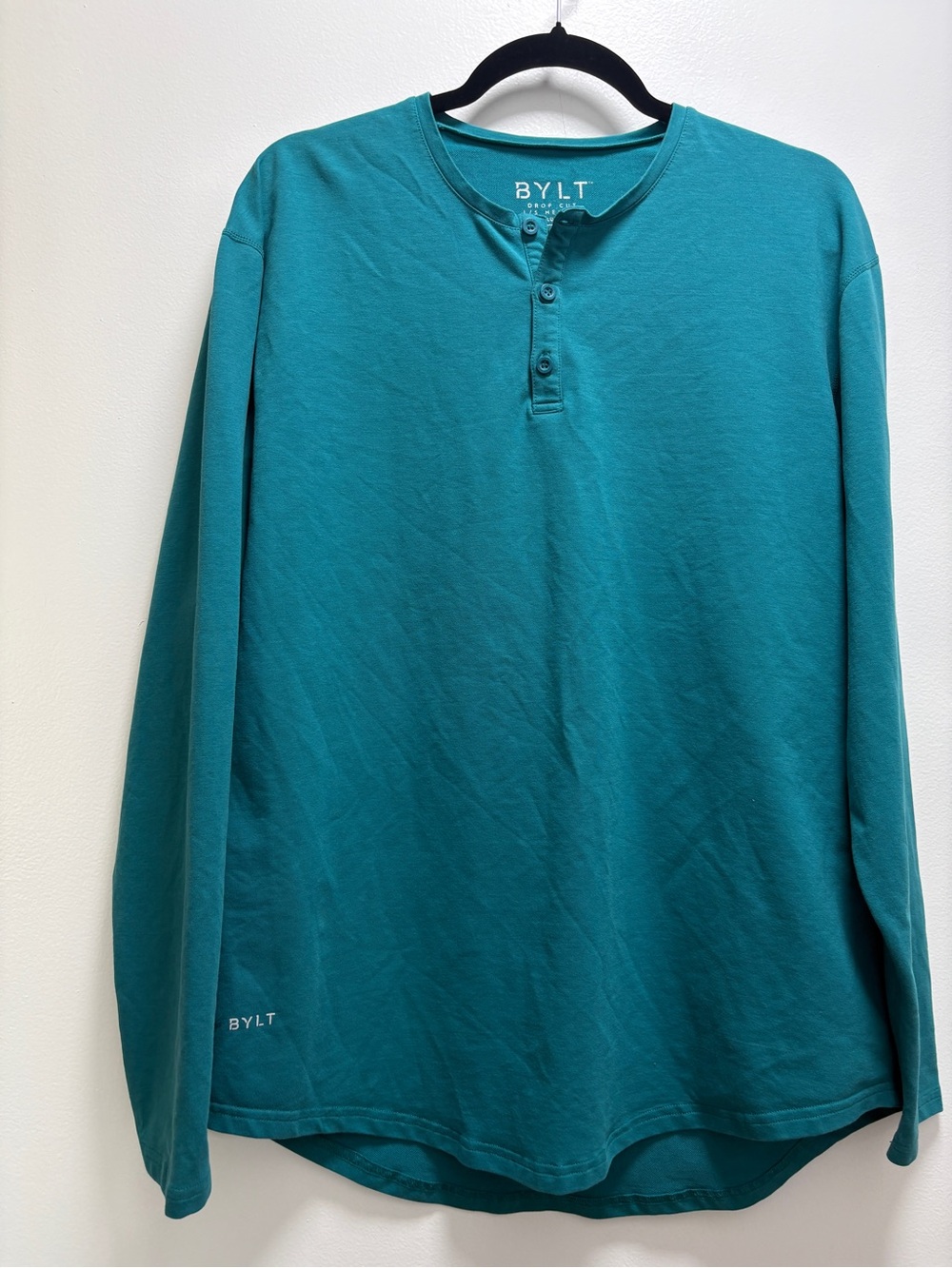 BYLT Basics Teal Long-Sleeve Drop Cut Henley | L | minimalist fall